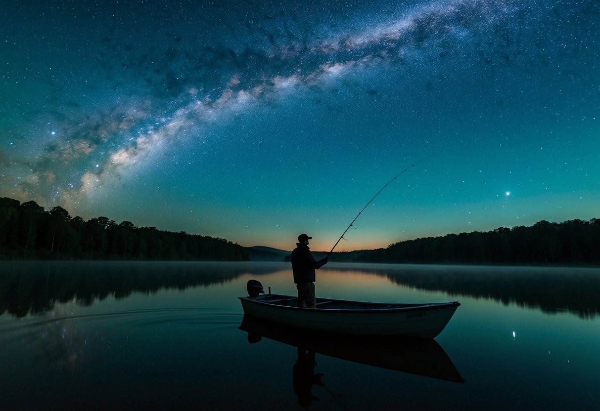 Um lago sereno com uma figura solitária pescando de um pequeno barco sob um céu estrelado.