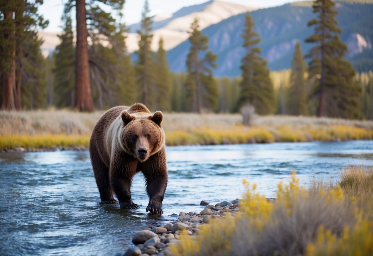 Um urso vaga pela vibrante paisagem de Yellowstone, cercado por árvores imponentes e um rio cintilante.