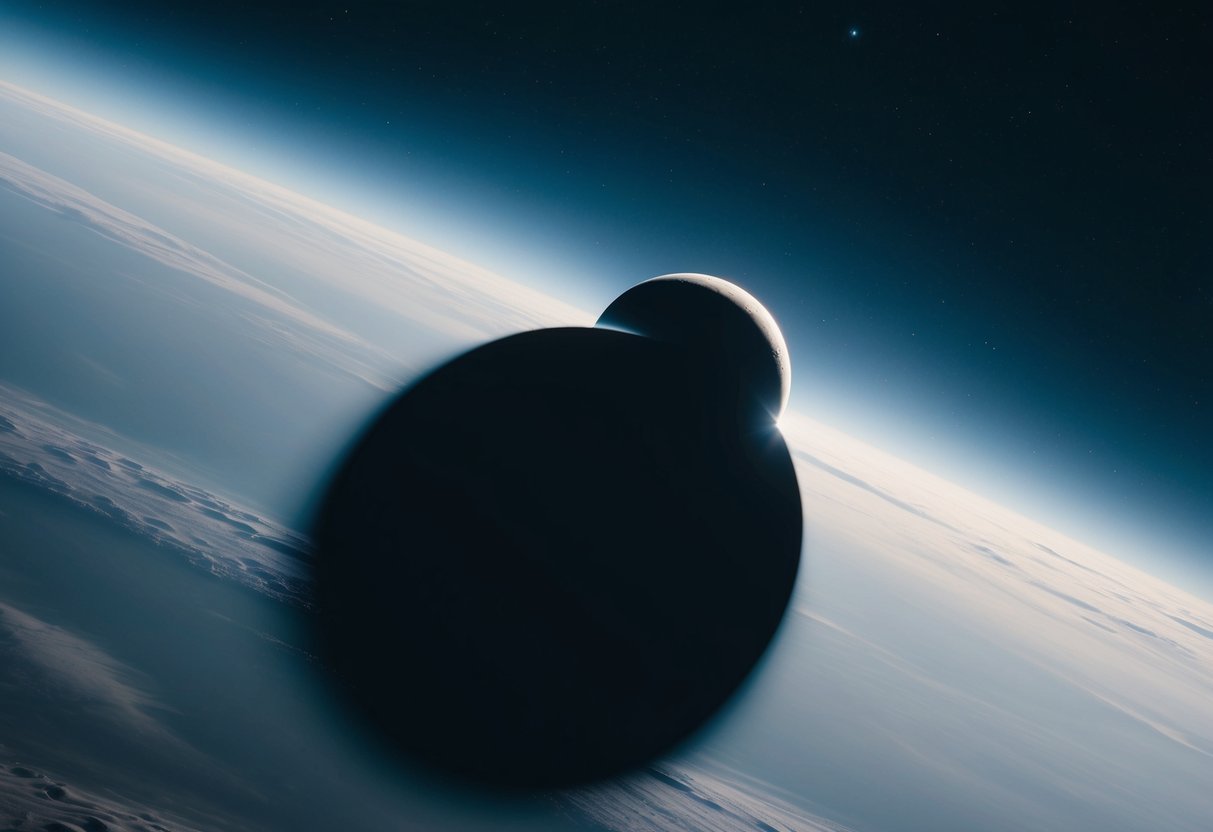 Uma grande lua eclipsando um planeta distante, projetando uma sombra em sua superfície