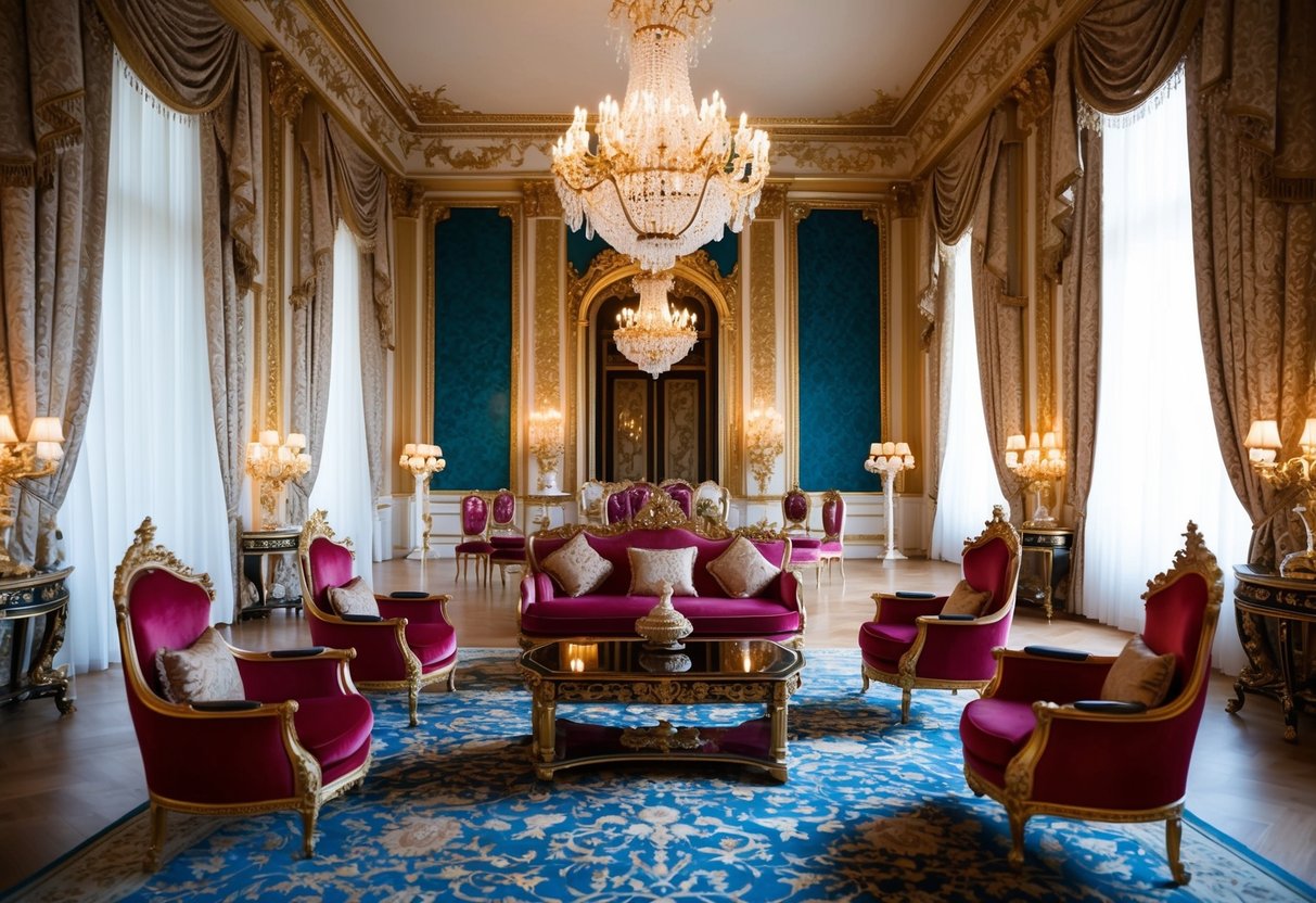 Um grande palácio com móveis ornamentados e decoração luxuosa, digno de uma rainha