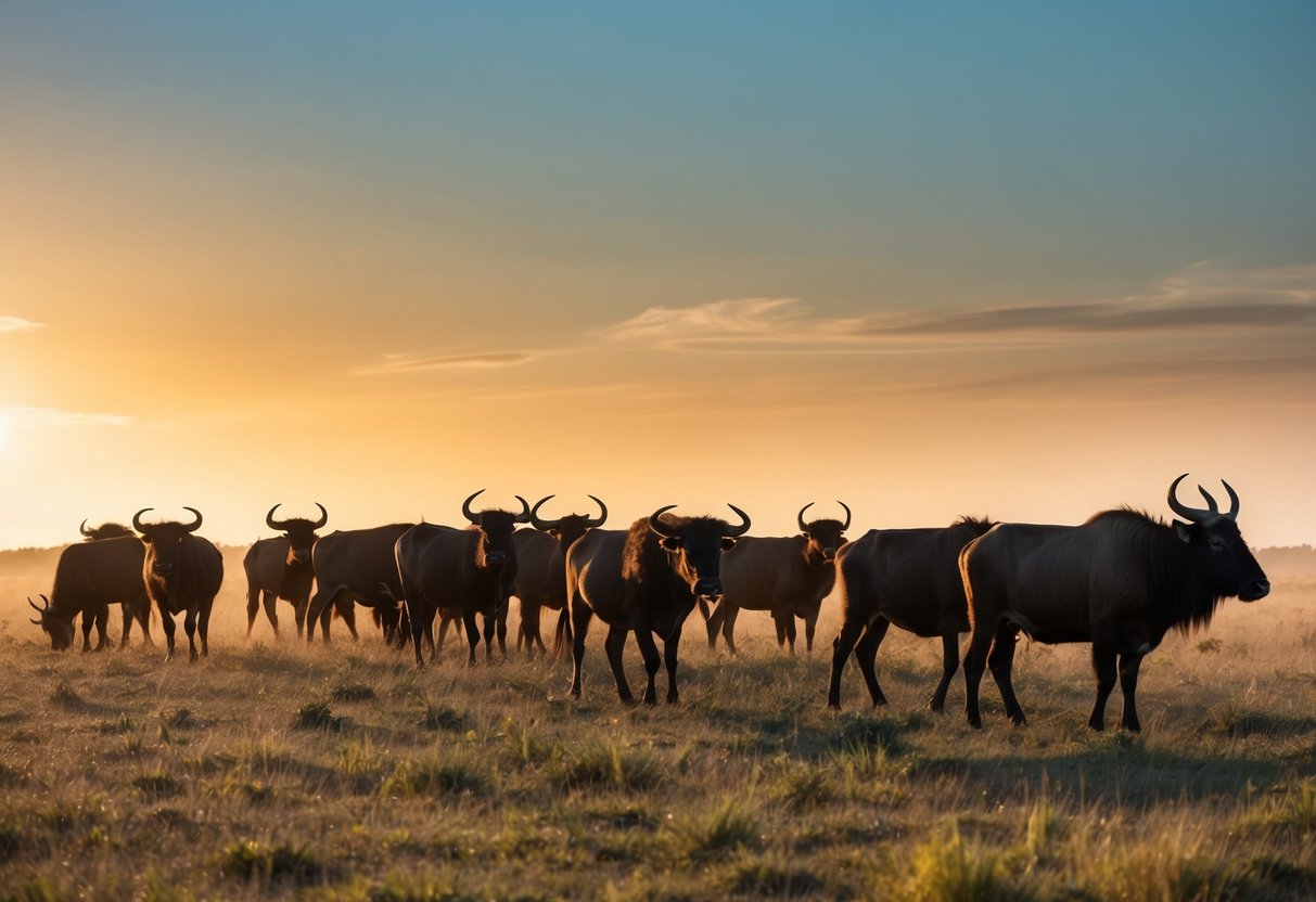 Um rebanho de auroques selvagens pastando em um vasto prado intocado, suas formas poderosas e majestosas silhuetadas contra a luz dourada do sol poente.