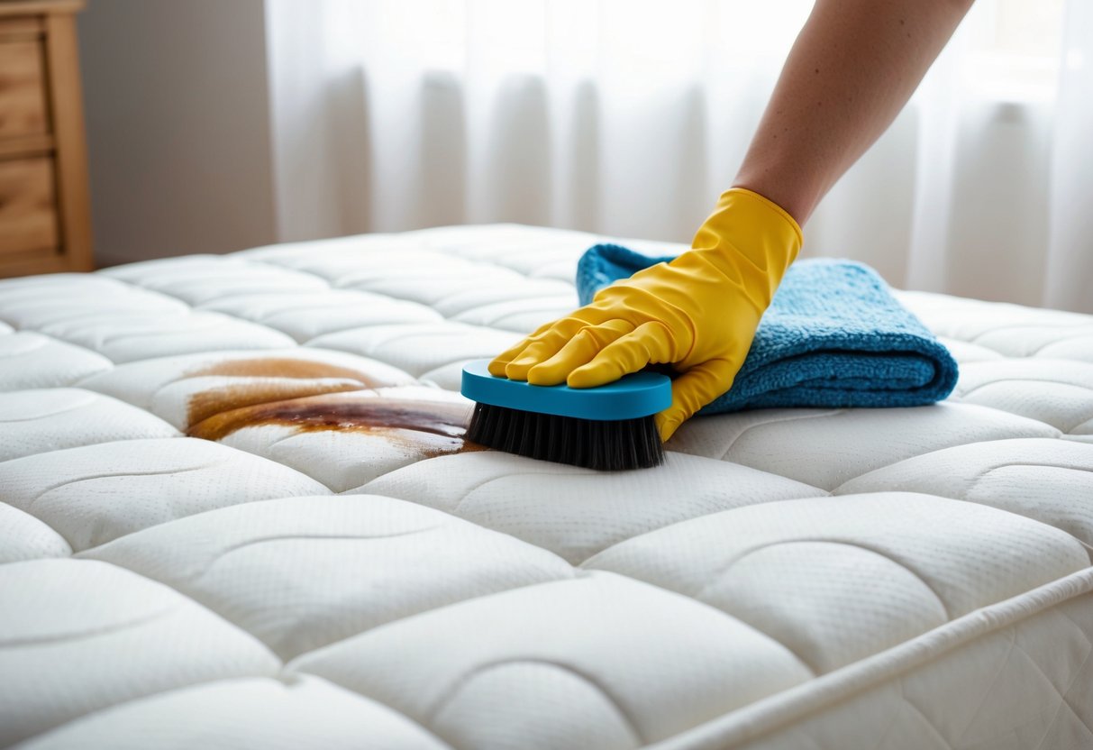 Um colchão com uma mancha de sangue seco sendo tratado com solução de limpeza e esfregado com uma escova