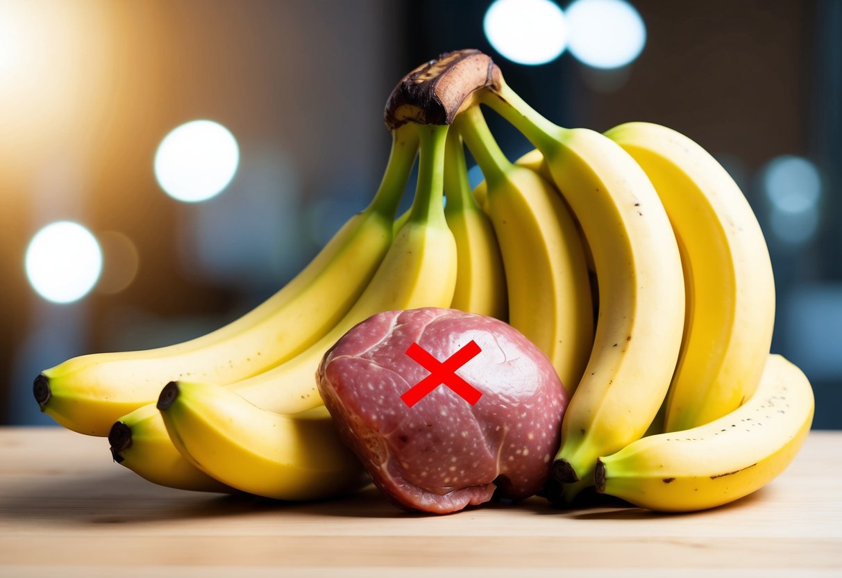 Uma pilha de bananas ao lado de um fígado humano, com um 'X' vermelho sobre o fígado