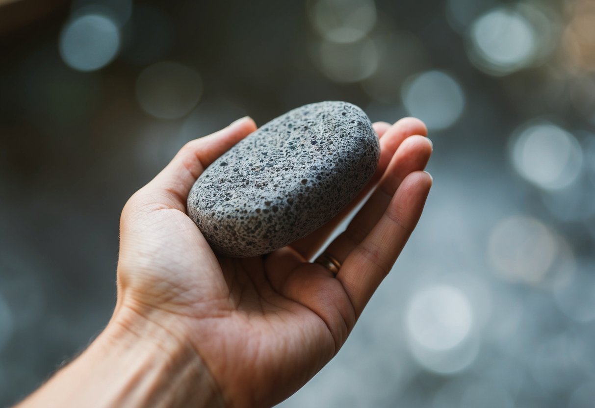 Uma mão segurando uma pedra-pomes, esfregando contra uma superfície áspera para remover um calo