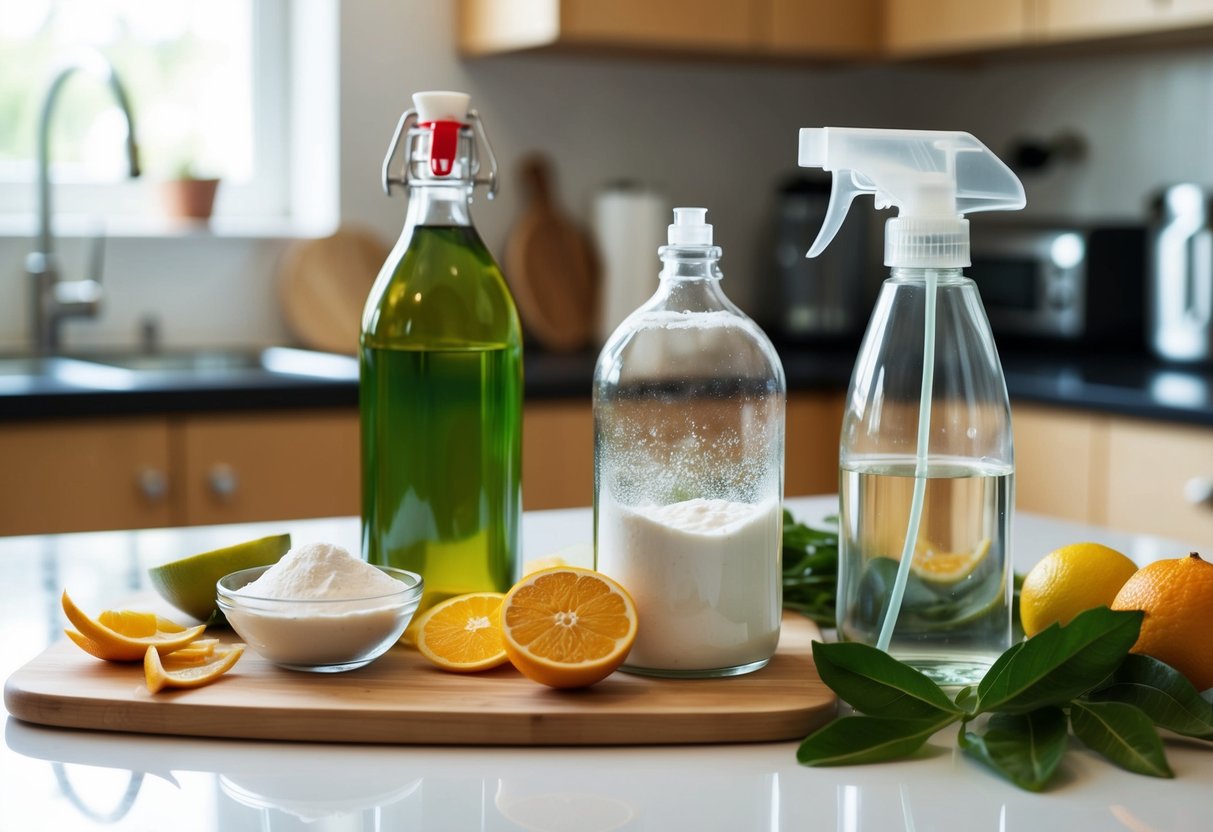 Uma bancada de cozinha bagunçada com ingredientes como vinagre, bicarbonato de sódio e cascas de cítricos. Uma garrafa de spray de vidro está próxima, pronta para ser preenchida com o repelente caseiro de baratas.