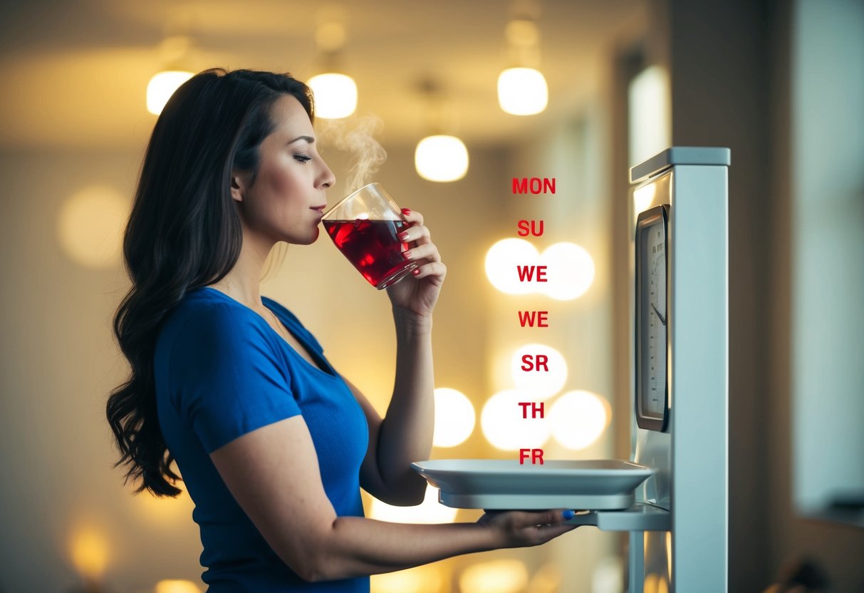 Uma mulher bebendo chá de hibisco enquanto está em uma balança, com o peso diminuindo em incrementos semanais.