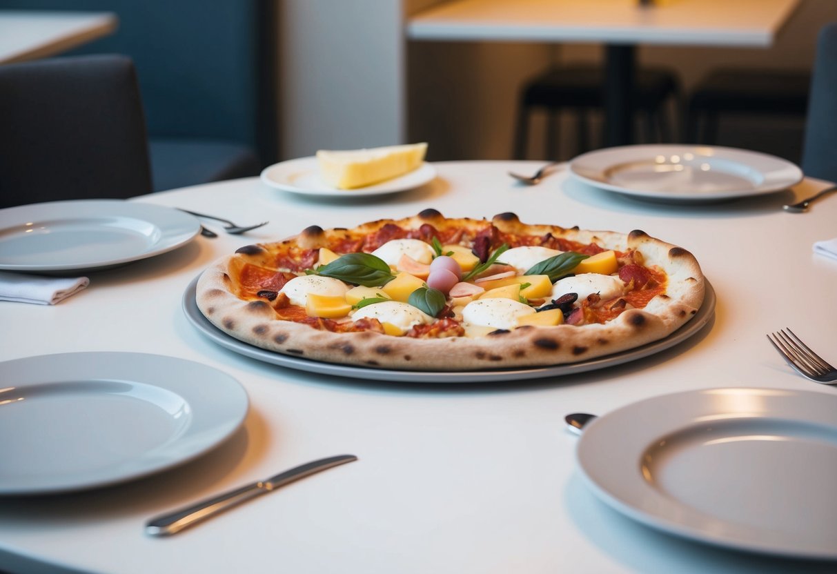 Uma mesa com uma pizza e um prato de pastel, cercada por pratos vazios e guardanapos