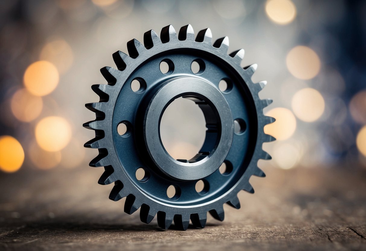 Uma ilustração detalhada de uma engrenagem de dente reto com dentes intrincados e um cubo central, contra um fundo rústico