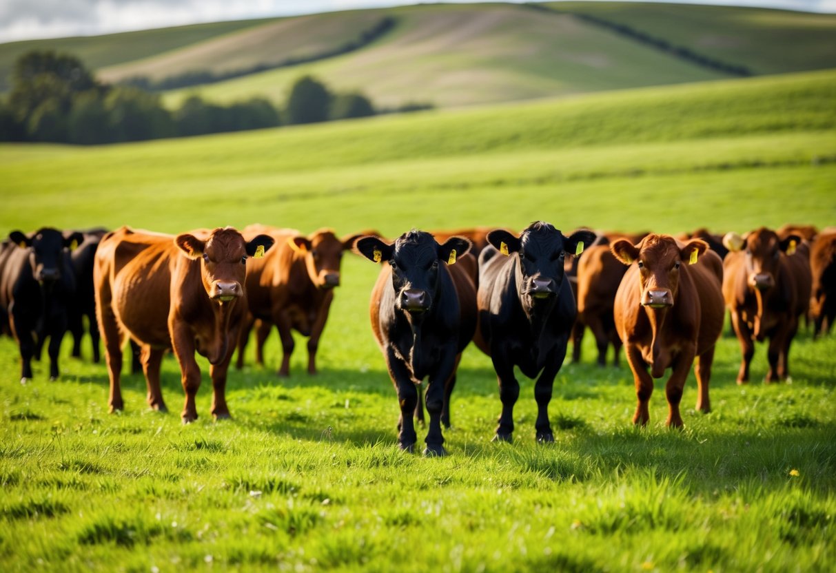 Um rebanho de gado pequeno pastando em um pasto verdejante, com colinas onduladas ao fundo.