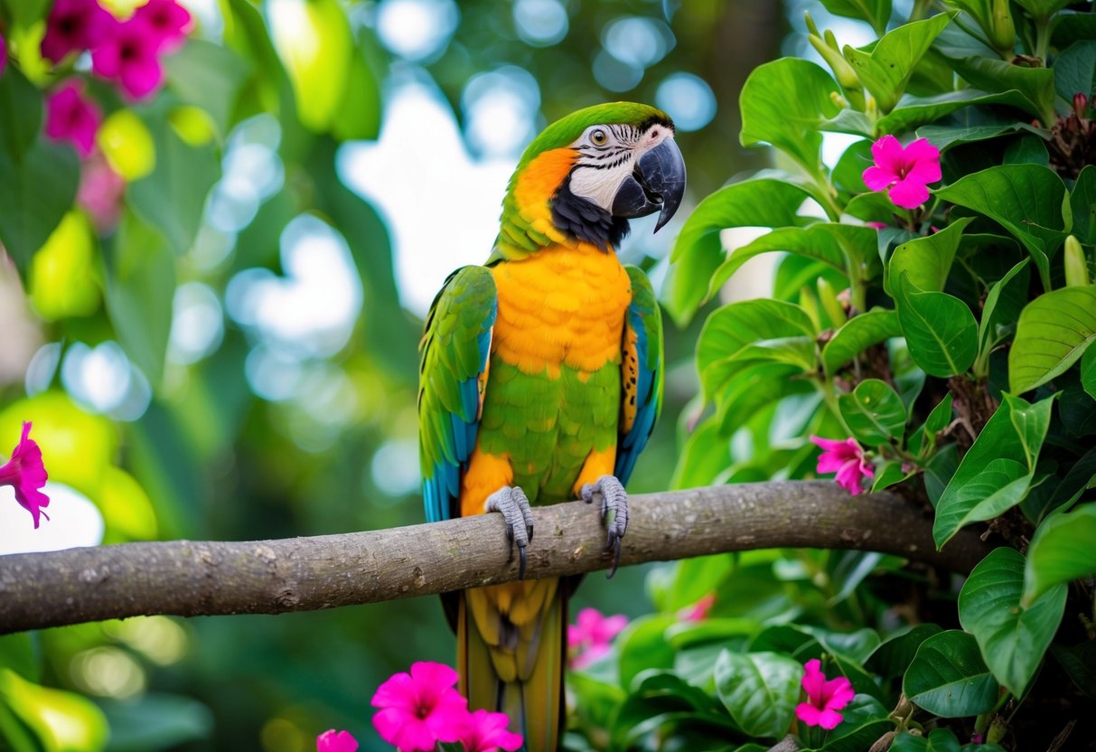 Um papagaio colorido empoleirado em um galho de árvore, cercado por folhagem verde exuberante e flores vibrantes.