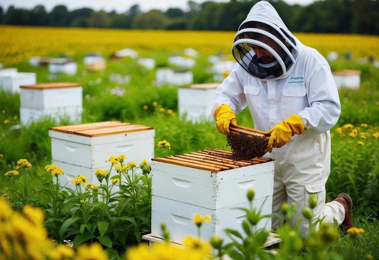 Um apicultor cuida de suas colmeias em um campo exuberante e florido, vestindo equipamentos de proteção e tratando as abelhas com delicadeza.
