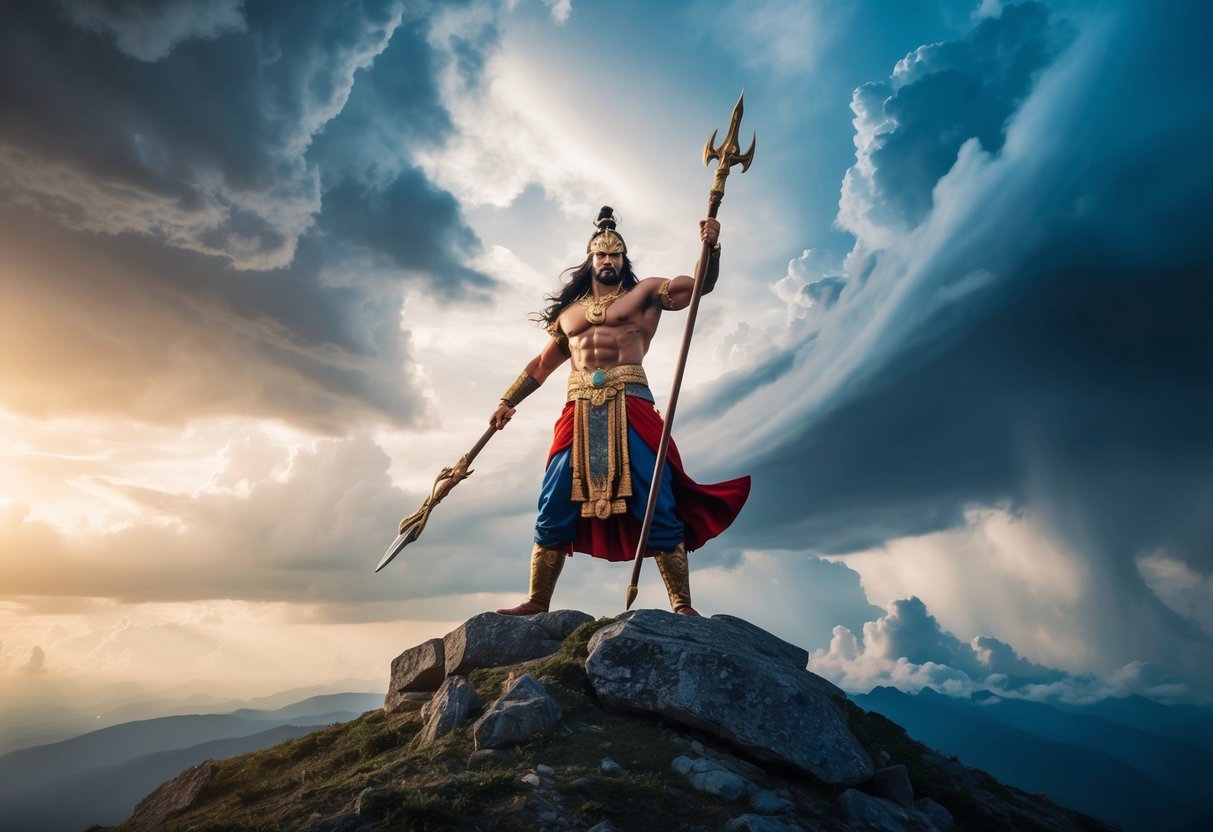 Uma feroz deidade guerreira está no topo de uma montanha, empunhando uma poderosa lança e cercada por ventos turbulentos e nuvens trovejantes.