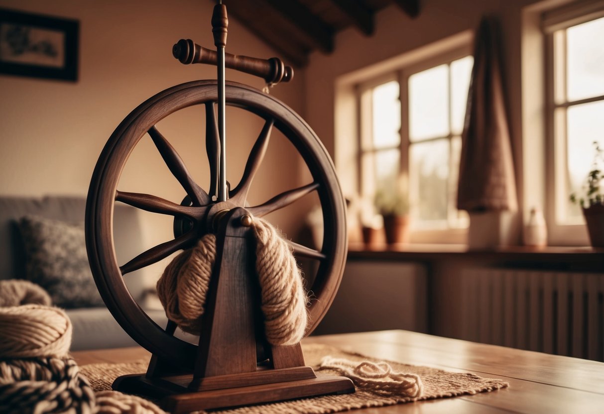 Uma roda de fiar rústica com lã e fio em um quarto aconchegante e iluminado pelo sol