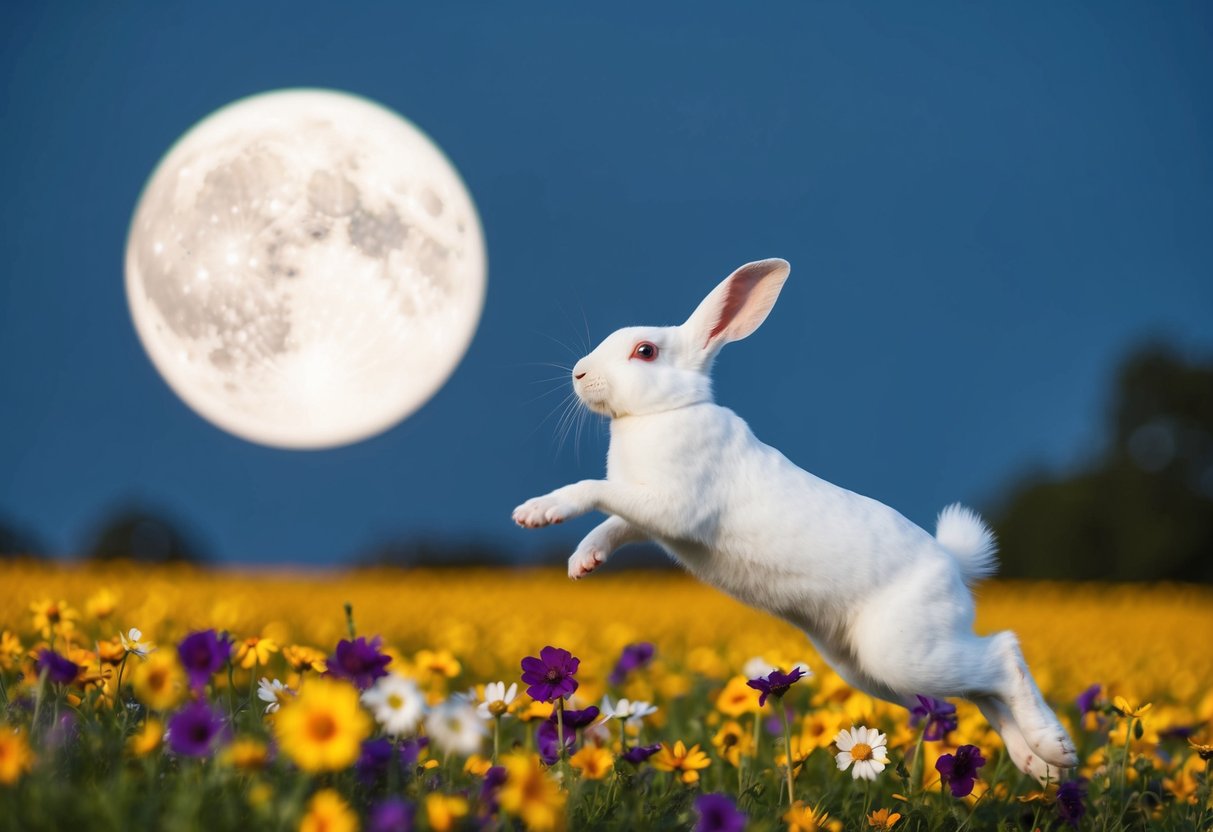 Um coelho branco pulando por um campo de flores coloridas sob uma brilhante lua cheia