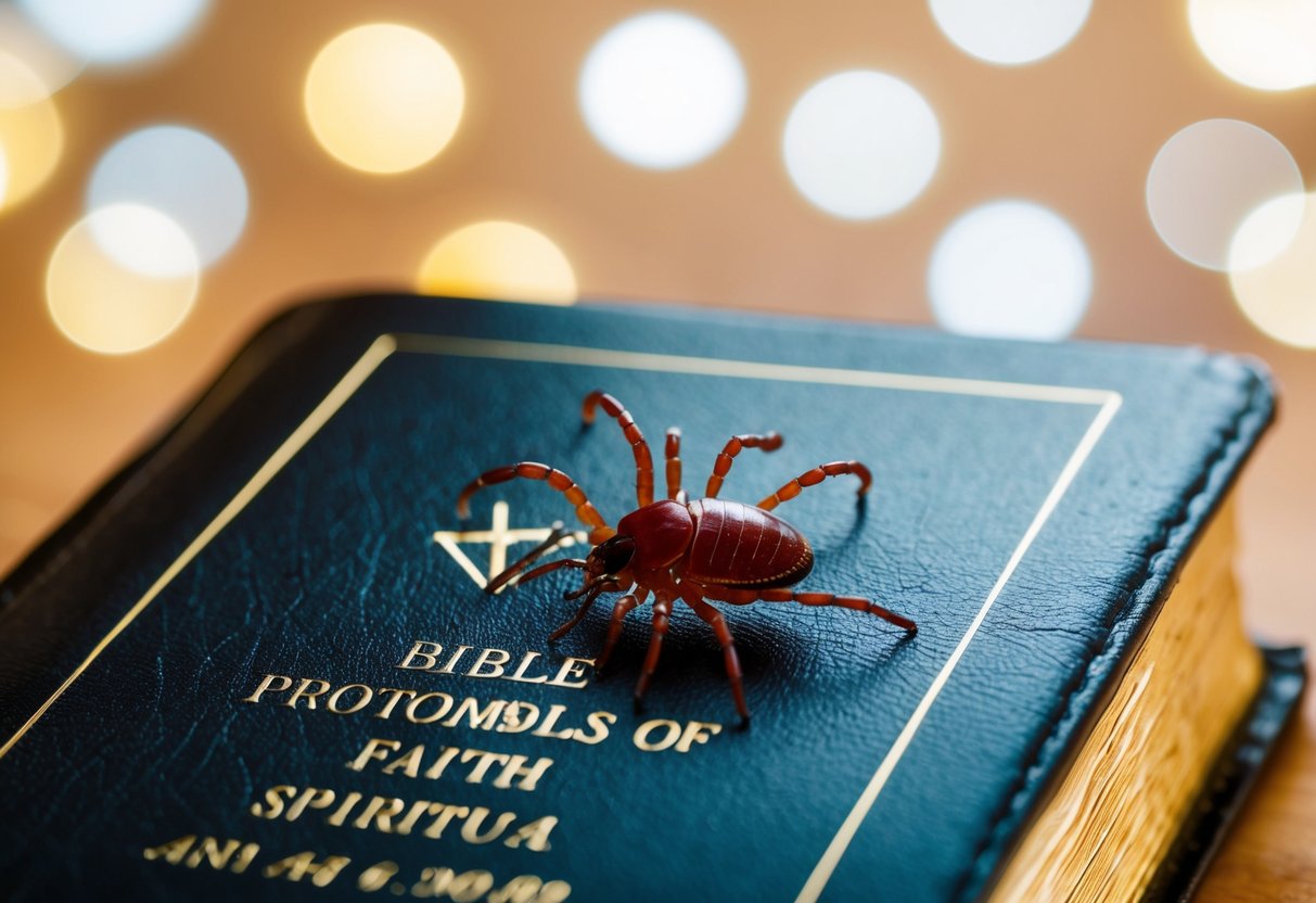 Uma carrapato rastejando sobre uma Bíblia, cercado por símbolos de fé e significado espiritual