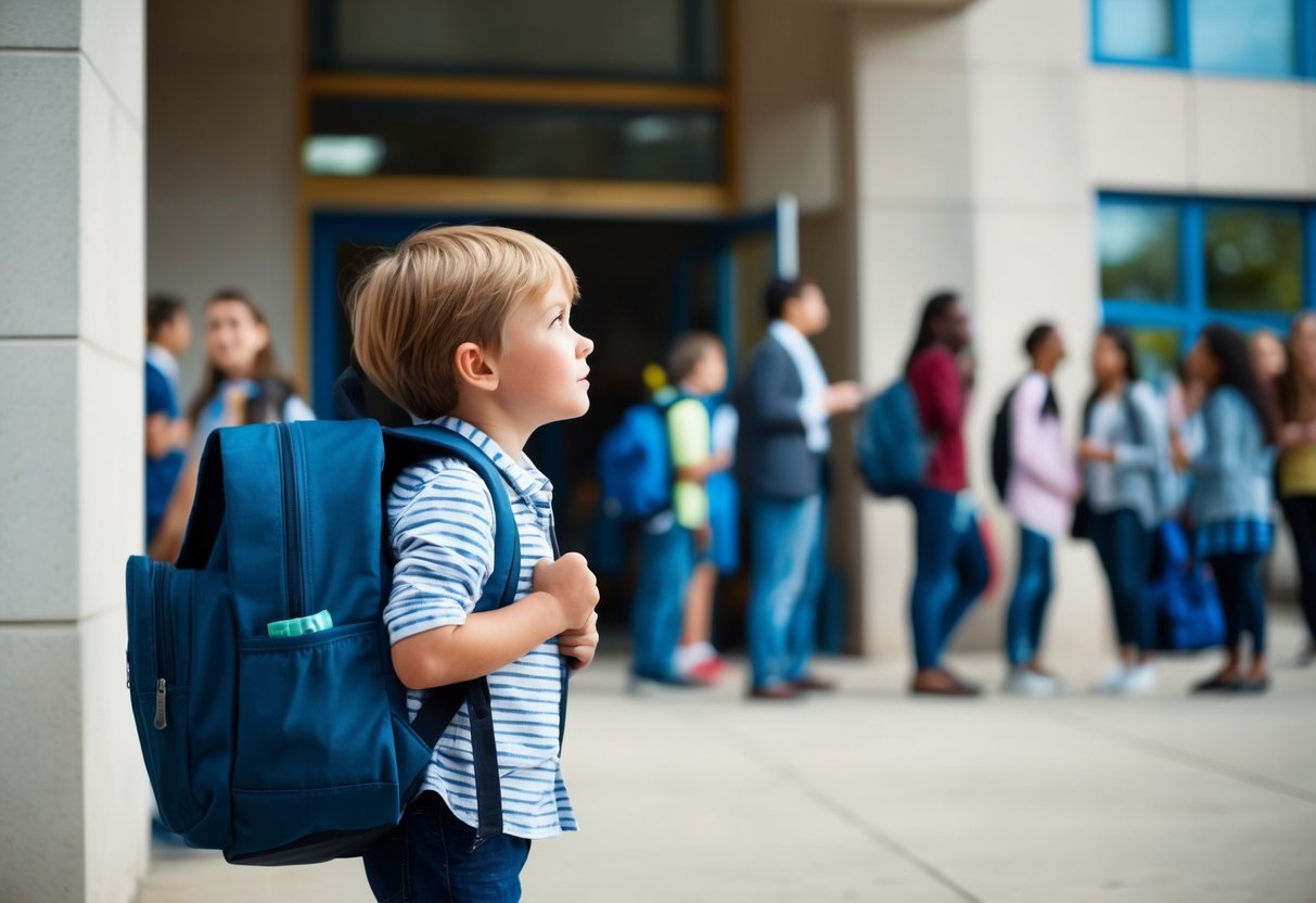 Uma criança em pé, nervosa, do lado de fora de um prédio escolar, segurando uma mochila e olhando para a cena movimentada de alunos e pais.