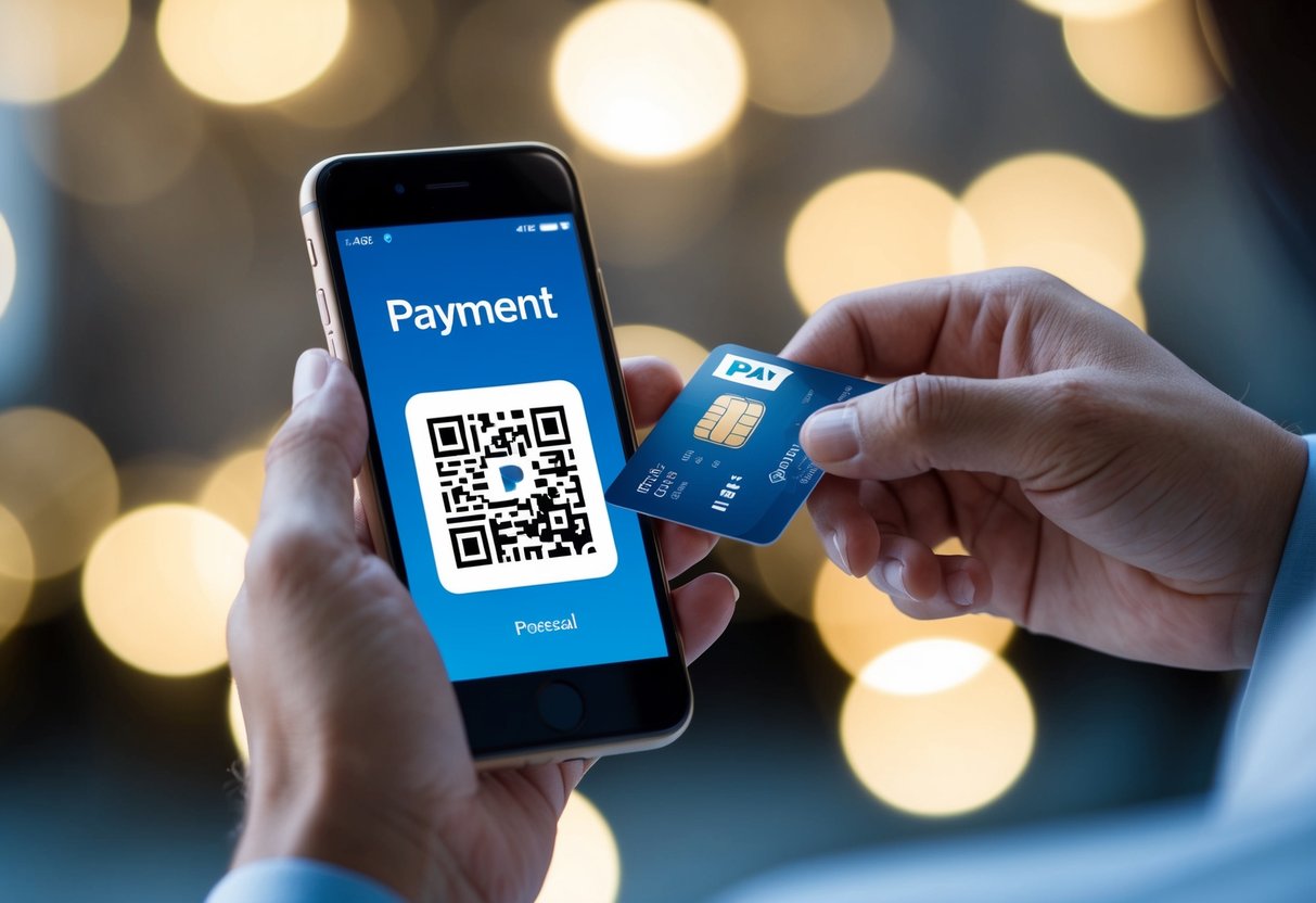 Uma mão segurando um smartphone com um aplicativo de pagamento aberto, enquanto uma transação digital está sendo realizada usando um código QR.