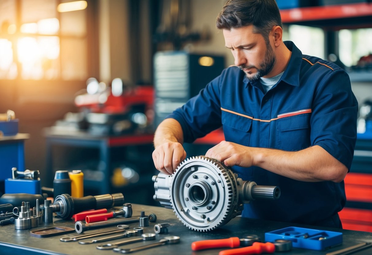 Um mecânico consertando uma caixa de câmbio manual com várias ferramentas espalhadas em uma bancada de trabalho