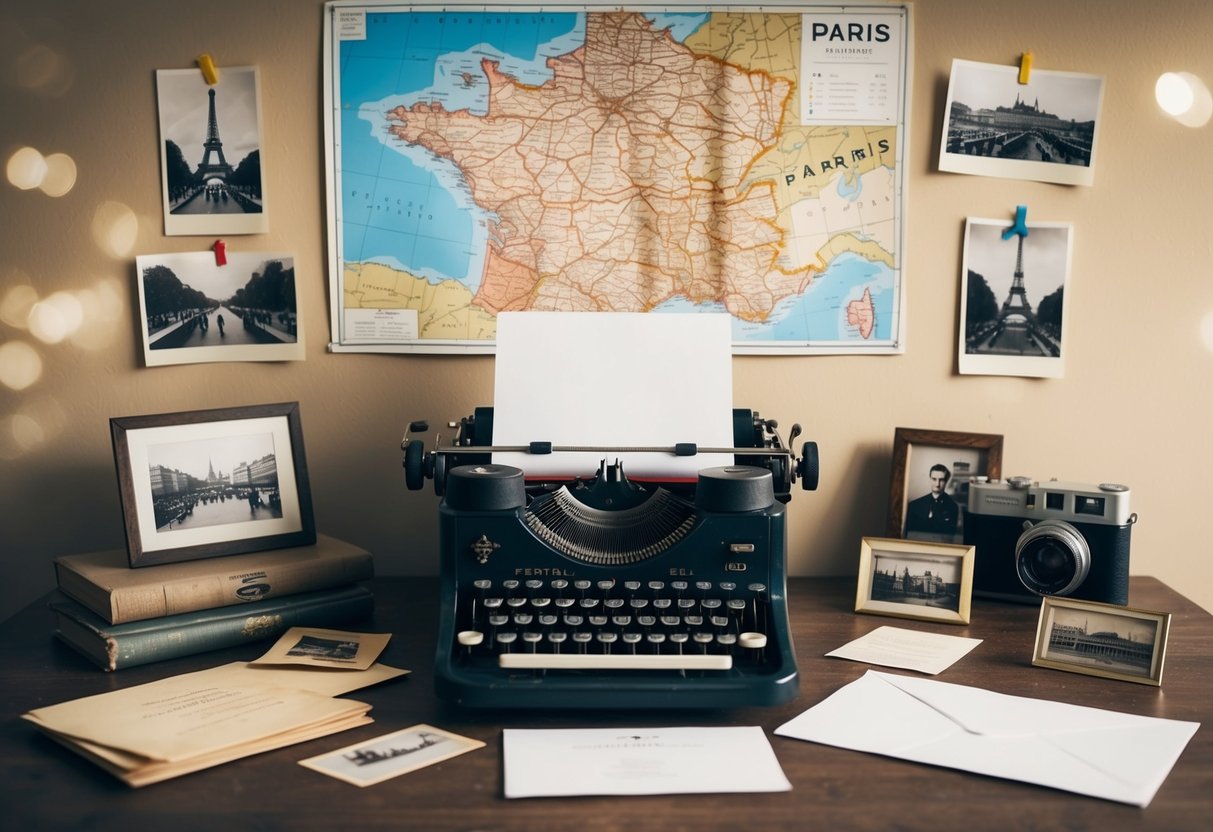 Uma máquina de escrever vintage cercada por fotografias e cartas antigas, com um mapa desbotado de Paris pregado na parede.