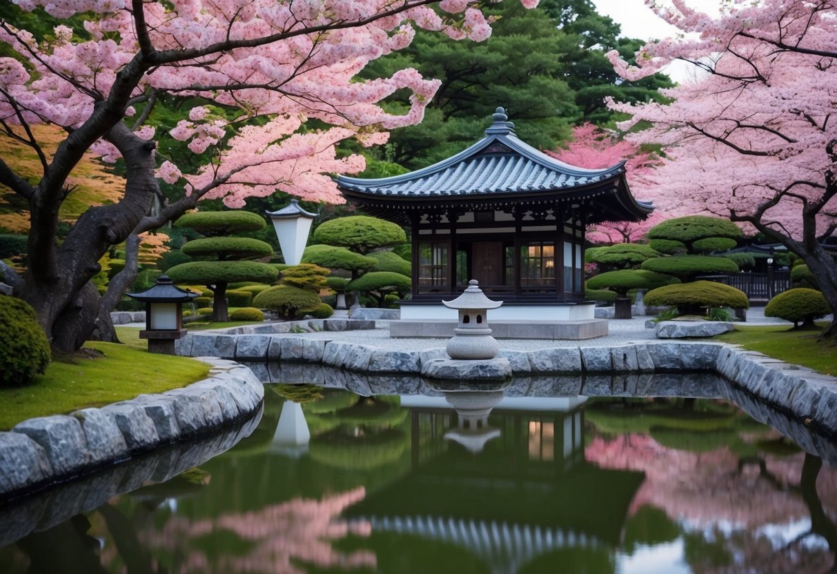 Um jardim japonês tradicional com um lago sereno, árvores de flores de cerejeira e uma lanterna de pedra, evocando uma sensação de despedida pacífica.