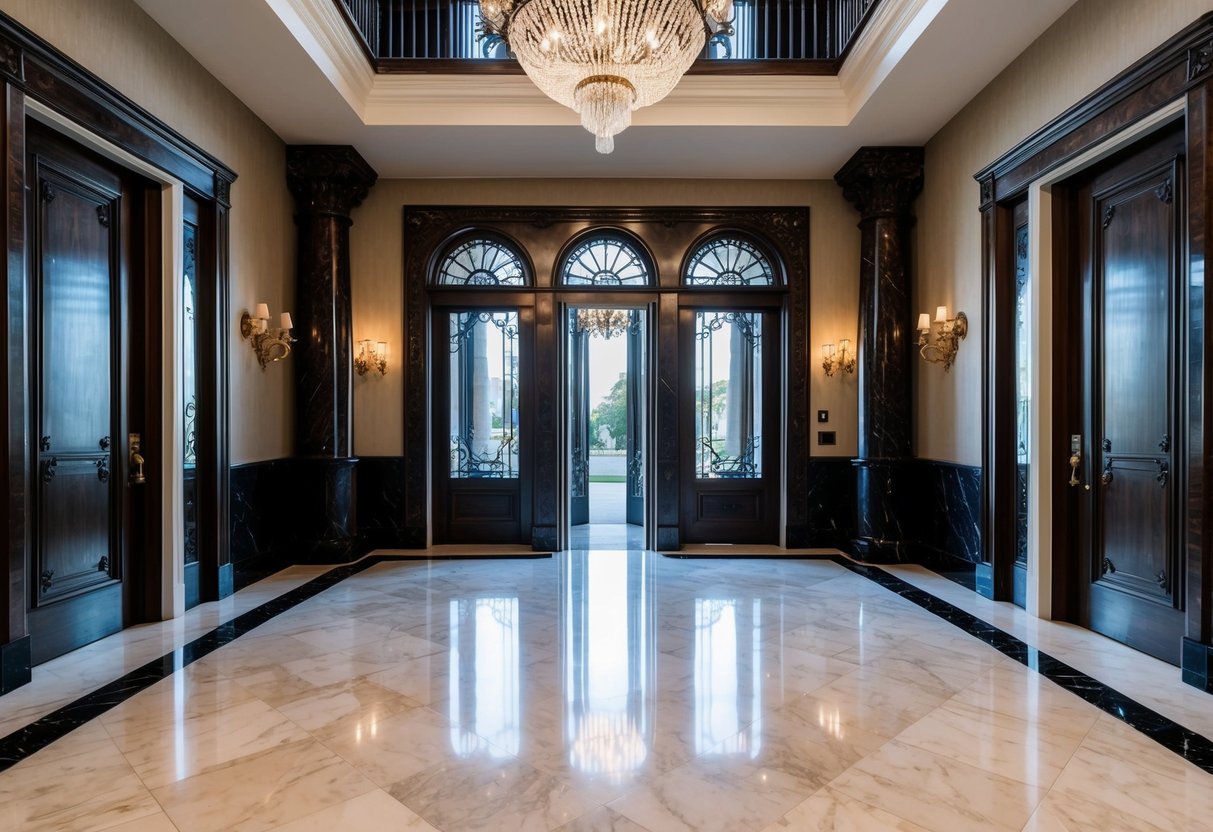 Um grande saguão com tetos altos, pisos de mármore e um lustre pendurado acima. Portas altas e ornamentadas levam para dentro do edifício.