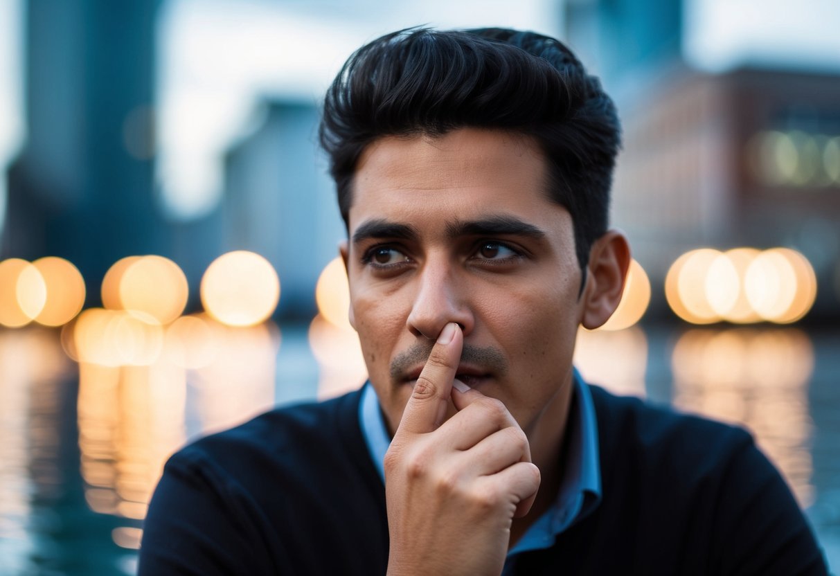 Uma pessoa com um dedo na boca, aparentando estar contemplativa