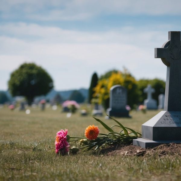 Um cemitério desolado com flores murchas e uma lápide solitária