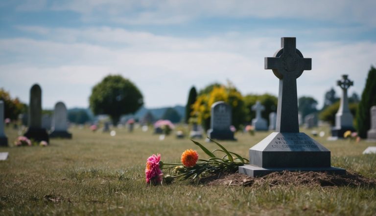Um cemitério desolado com flores murchas e uma lápide solitária
