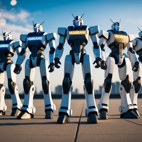 Um grupo de robôs futuristas está em formação, cada um adornado com códigos de vanguarda distintos de anime.