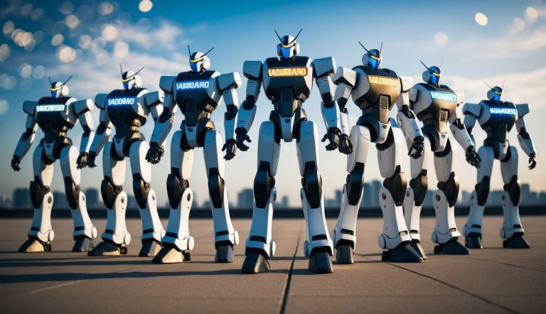 Um grupo de robôs futuristas está em formação, cada um adornado com códigos de vanguarda distintos de anime.