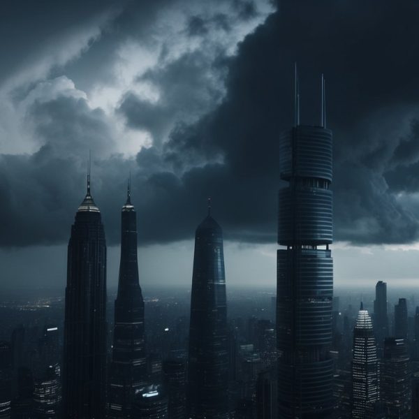 Uma paisagem urbana escura e futurista com arranha-céus imponentes e nuvens em espiral, evocando o estilo visual intenso e provocador de pensamentos dos filmes de Christopher Nolan.