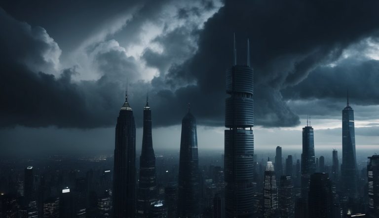 Uma paisagem urbana escura e futurista com arranha-céus imponentes e nuvens em espiral, evocando o estilo visual intenso e provocador de pensamentos dos filmes de Christopher Nolan.