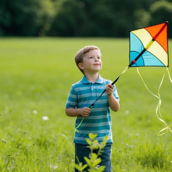Um menino jovem brincando com uma pipa em um campo verdejante, com uma expressão serena no rosto