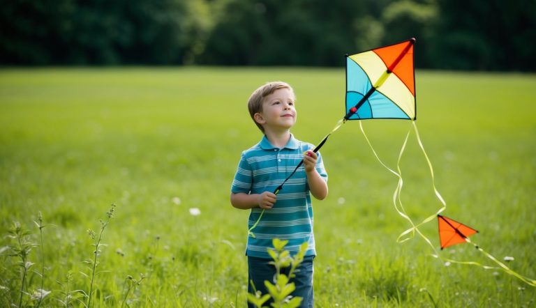 Um menino jovem brincando com uma pipa em um campo verdejante, com uma expressão serena no rosto