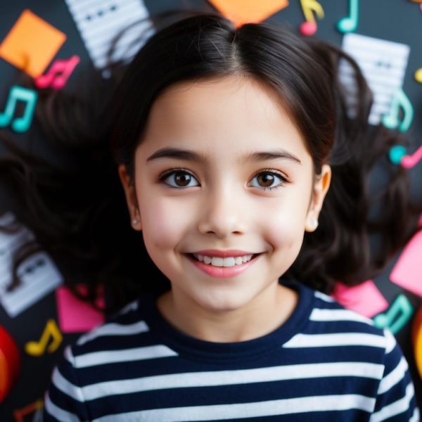 Uma menina jovem com cabelo escuro e olhos brilhantes, cercada por notas musicais e instrumentos coloridos.