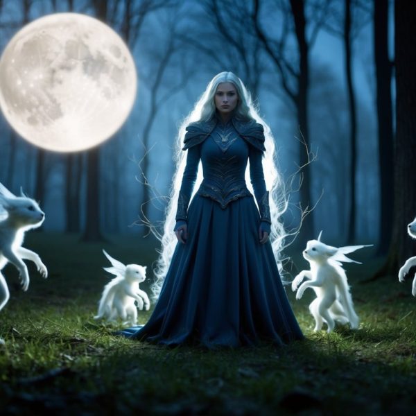 Uma floresta iluminada pela lua com uma figura misteriosa cercada por criaturas etéreas