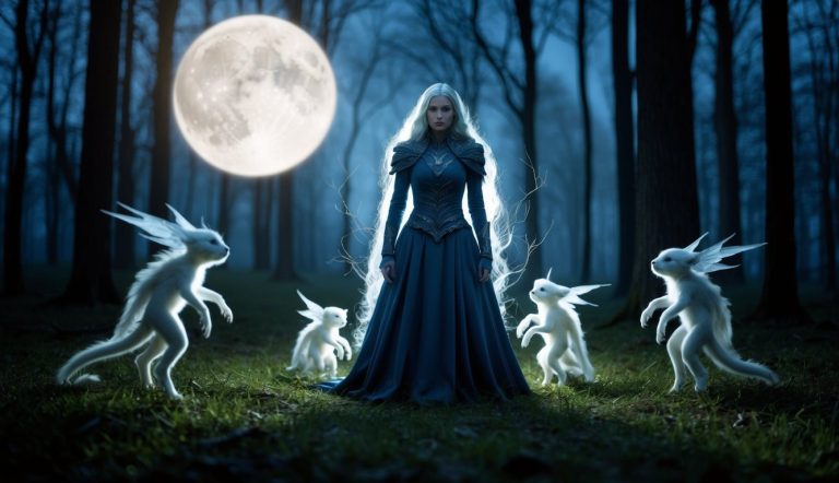 Uma floresta iluminada pela lua com uma figura misteriosa cercada por criaturas etéreas