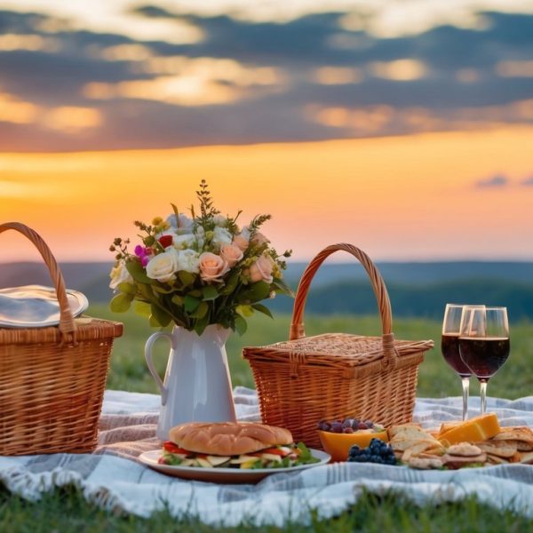 Um piquenique romântico com uma toalha, cesta de comida e um buquê de flores contra um belo pôr do sol
