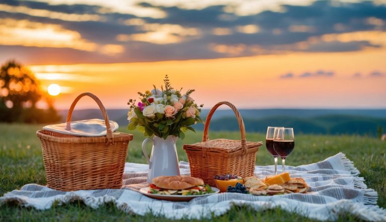 Um piquenique romântico com uma toalha, cesta de comida e um buquê de flores contra um belo pôr do sol