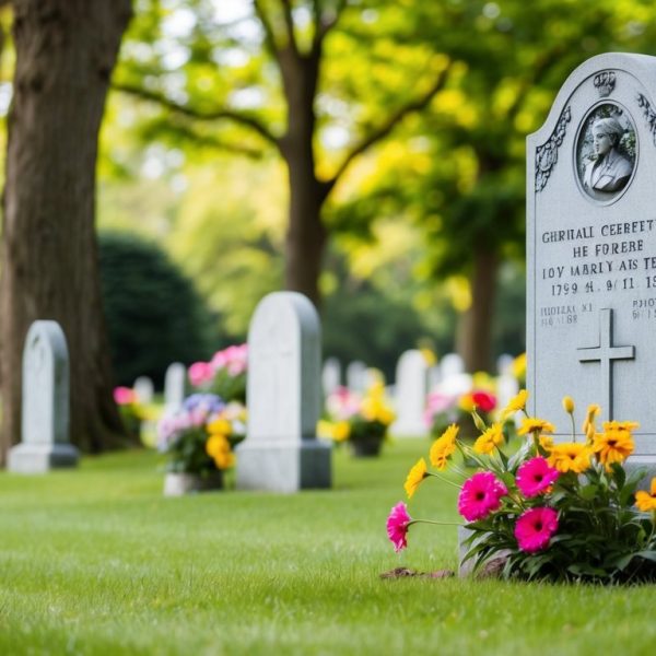 Uma lápide em um cemitério pacífico, cercada por árvores altas e flores coloridas
