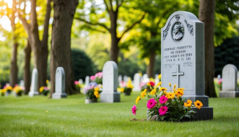 Uma lápide em um cemitério pacífico, cercada por árvores altas e flores coloridas