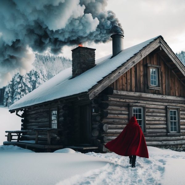 Uma cabana rústica aninhada em uma floresta nevada, fumaça saindo da chaminé enquanto uma figura com um manto vermelho se aproxima.