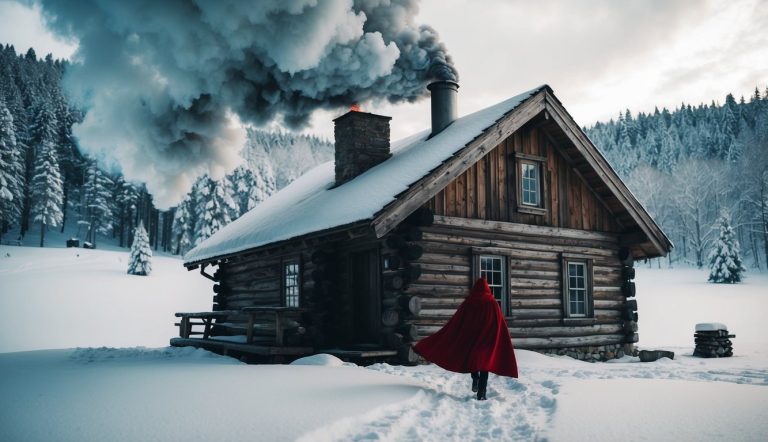 Uma cabana rústica aninhada em uma floresta nevada, fumaça saindo da chaminé enquanto uma figura com um manto vermelho se aproxima.