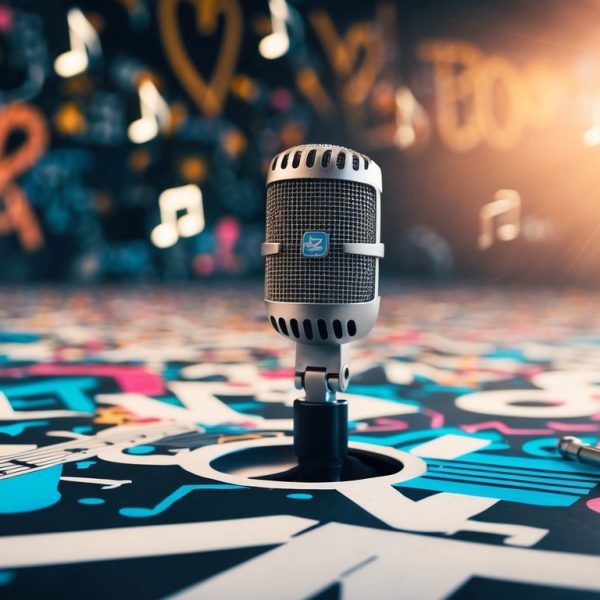 Um microfone cercado por grafites e notas musicais, com um holofote brilhando sobre ele
