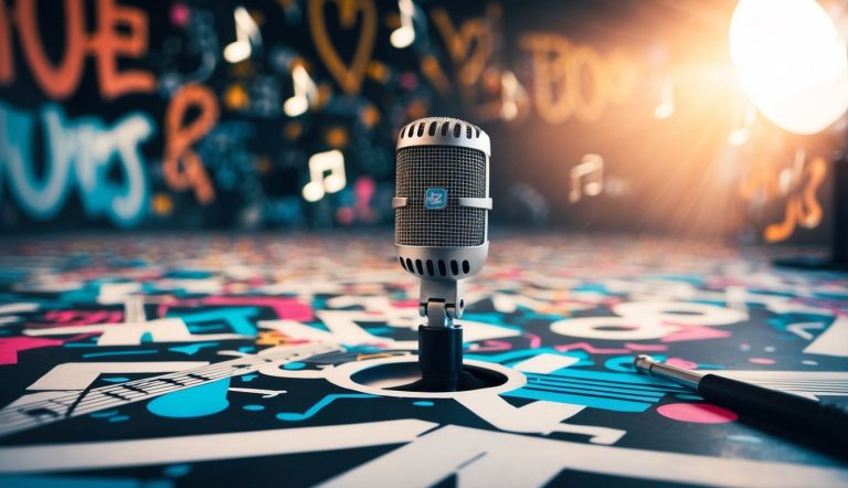 Um microfone cercado por grafites e notas musicais, com um holofote brilhando sobre ele