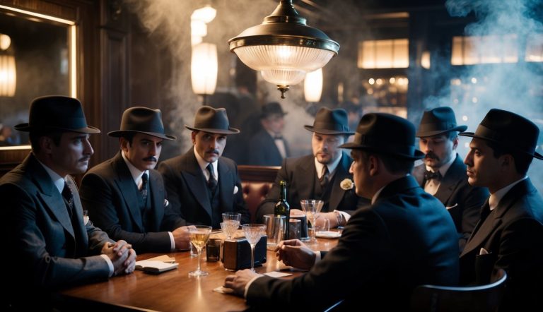 Um speakeasy esfumaçado da década de 1920 com iluminação suave e um grupo de gângsters bem vestidos reunidos em torno de uma mesa, discutindo negócios.