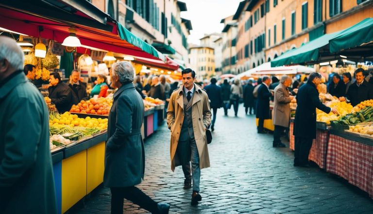 Um movimentado mercado italiano com barracas coloridas e conversas animadas, enquanto uma figura de trench coat se desliza pela multidão.