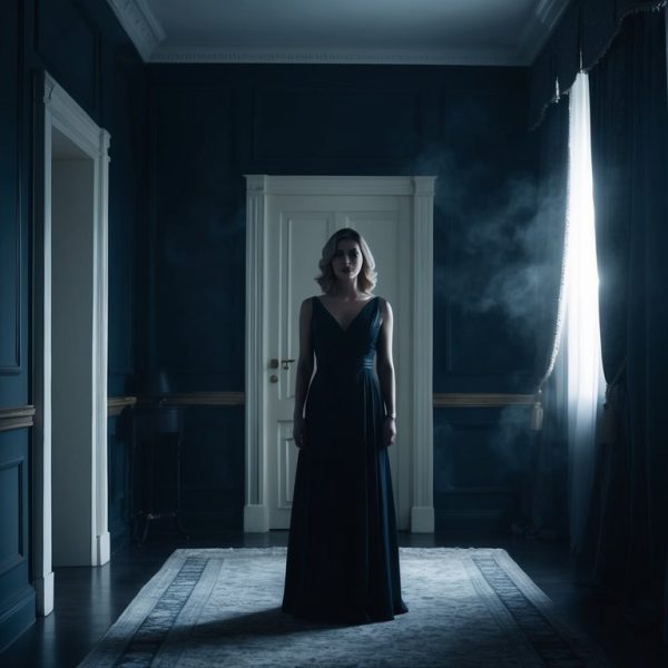 Uma mulher está sozinha em uma sala escura e elegante, cercada por sombras e mistério. Uma sensação de intriga e suspense permeia o ar.