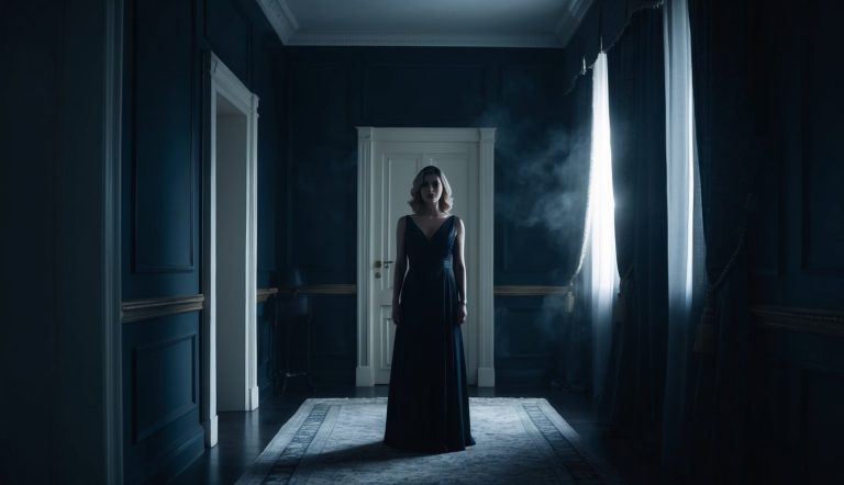 Uma mulher está sozinha em uma sala escura e elegante, cercada por sombras e mistério. Uma sensação de intriga e suspense permeia o ar.