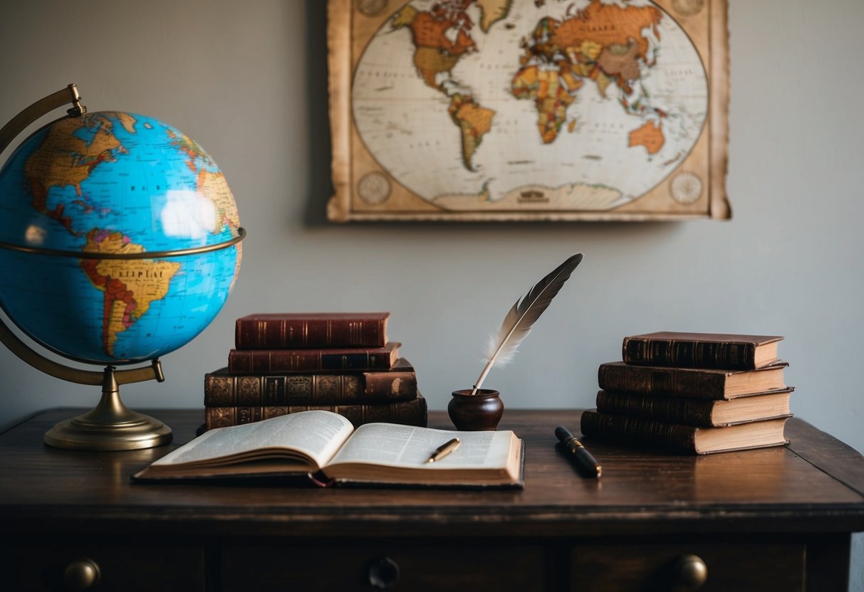 Uma mesa bagunçada com um globo, livros antigos e uma pena. Um mapa desbotado está pendurado na parede.
